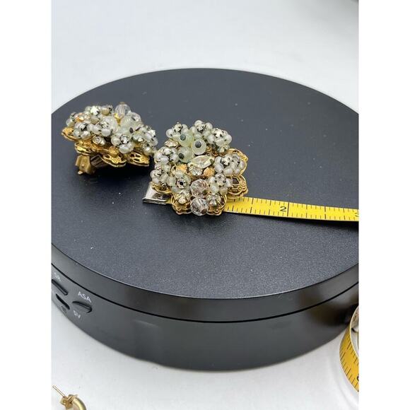 Robert Vintage Rhinestone Faux Pearl Layered Filigree Cluster Clip On Earrings - Picture 13 of 16